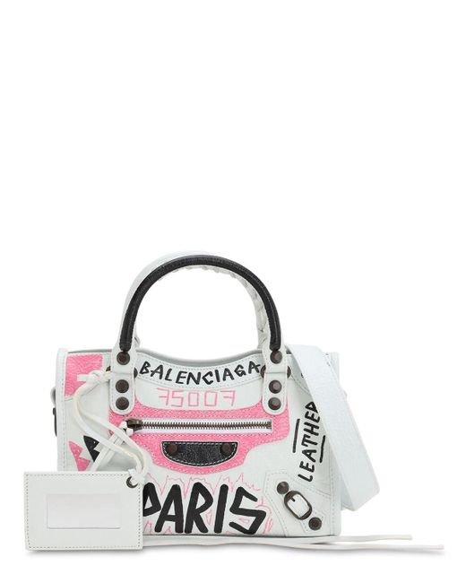 Balenciaga White Mini City Graffiti Logo Tote Bag