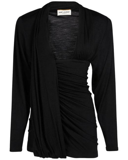 Saint Laurent Black Draped Wool-jersey Mini Dress