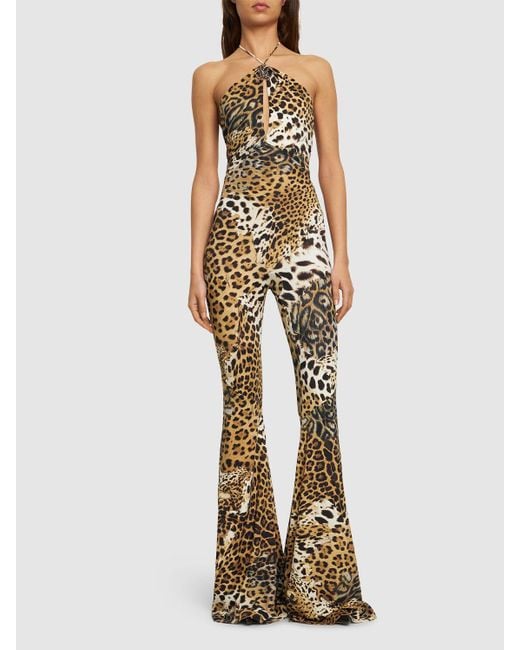 Roberto Cavalli Metallic Printed Lycra Halterneck Flared Jumpsuit