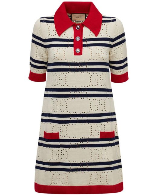Gucci Gray Gg Striped Cotton Knit Polo Dress