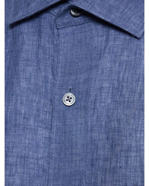 Zegna Blue Solid Pure Linen Long Sleeve Shirt for men