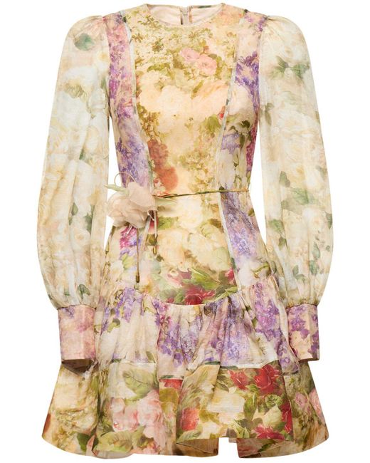Vestido corto de lino y seda con estampado Zimmermann de color Multicolor