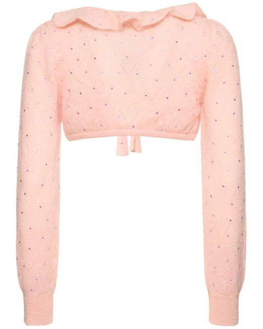 Alessandra Rich Pink Mohair Knit Self-Tie Crop Bolero W/Studs
