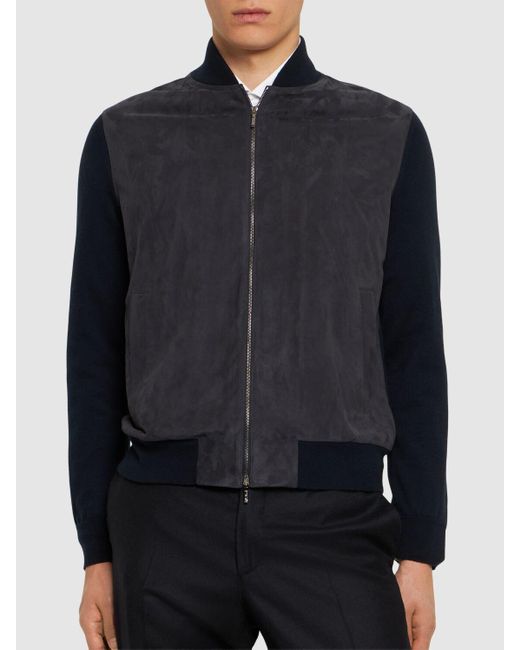 Loro Piana Blue Cashmere & Suede Bomber Jacket for men