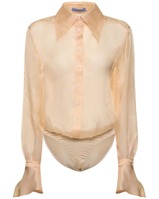 Mugler White Silk Tulle Long Sleeved Bodysuit