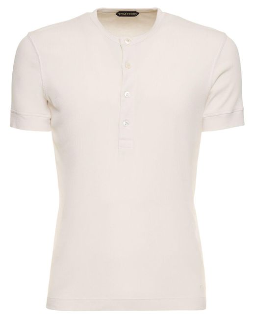 Tom Ford Geripptes Henley-t-shirt Aus Baumwolle & Lyocell in White für Herren