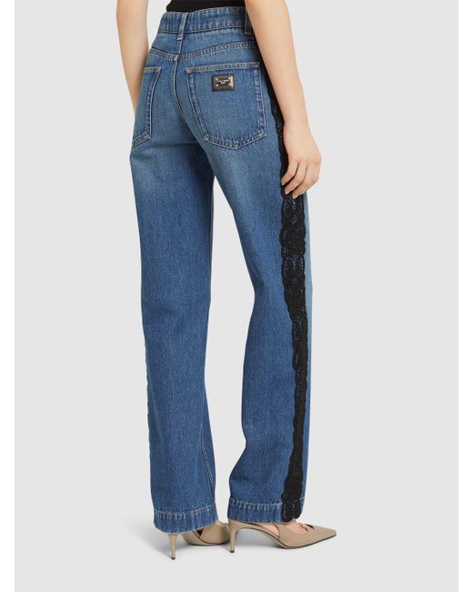 Mujer Jeans De Algodón Con Cintura Alta Y Encaje Dolce & Gabbana de color Blue