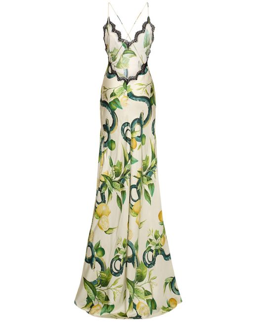 Roberto Cavalli Green Printed Silk Twill Crisscross Maxi Dress