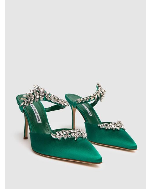 Manolo Blahnik Green Lurum Crystal-Embellished Satin Mules