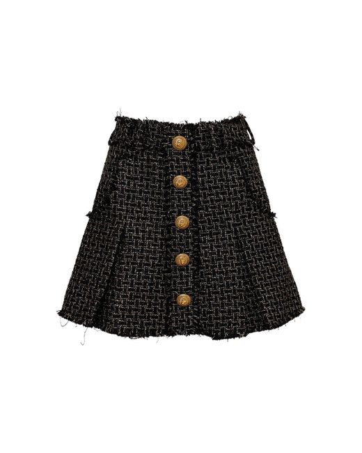 Balmain Black Pleated Lurex Tweed Mini Skirt