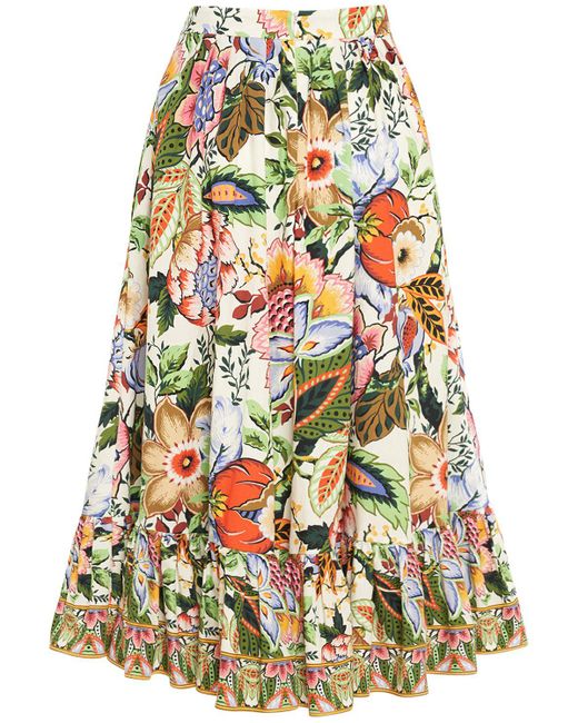 Etro Multicolor Printed Cotton Ruffled Midi Skirt