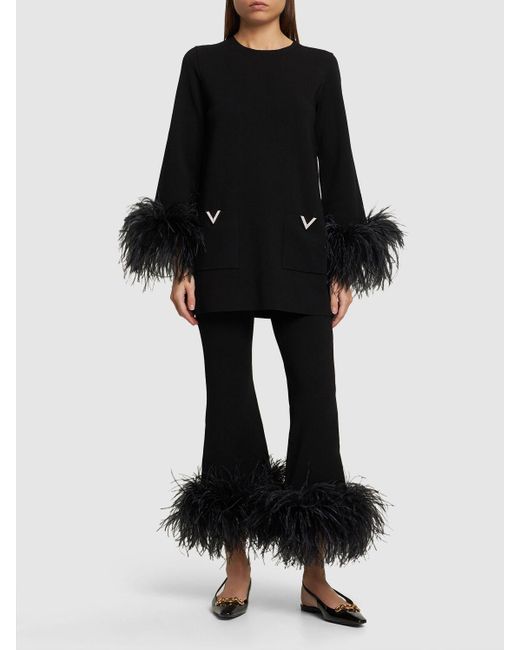 Valentino Black Stretch Cady Long Top W/feathers