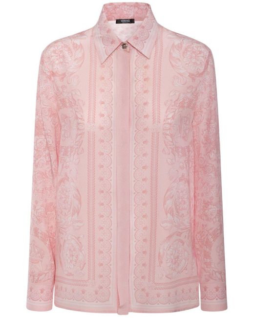 Versace Pink Barocco Print Silk Twill Formal Shirt