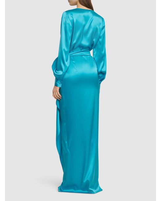 Vestito lungo in raso di seta di Ralph Lauren Collection in Blue