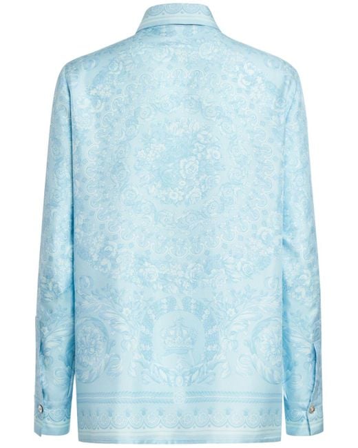 Versace Blue Barocco Print Silk Twill Formal Shirt
