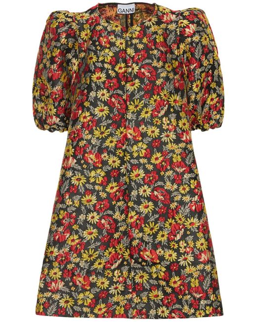Ganni Jacquard Puff Sleeve Zip Mini Dress | Lyst Canada