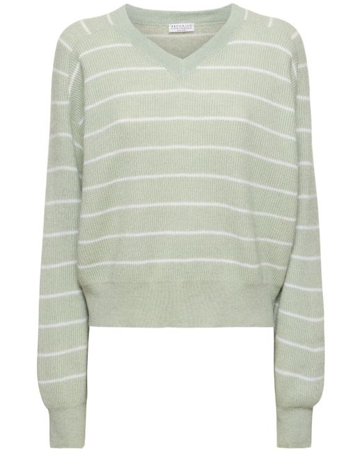 Brunello Cucinelli Green Alpaca & Cotton V-neck Sweater