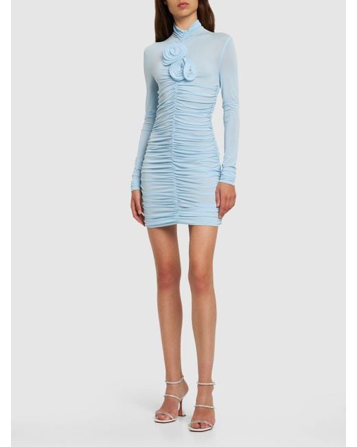 Magda Butrym Blue Ruched Jersey Mini Dress W/Roses