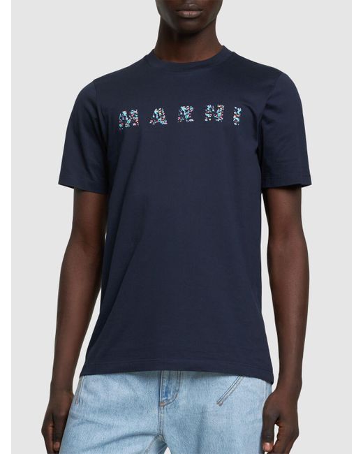 Marni Blue Floral Logo Print Cotton Jersey T-Shirt for men