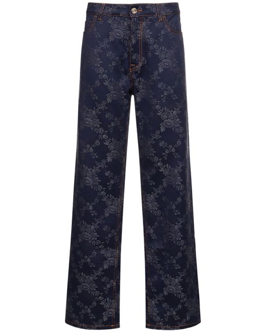 Etro Blue Cotton Jacquard High Rise Straight Jeans