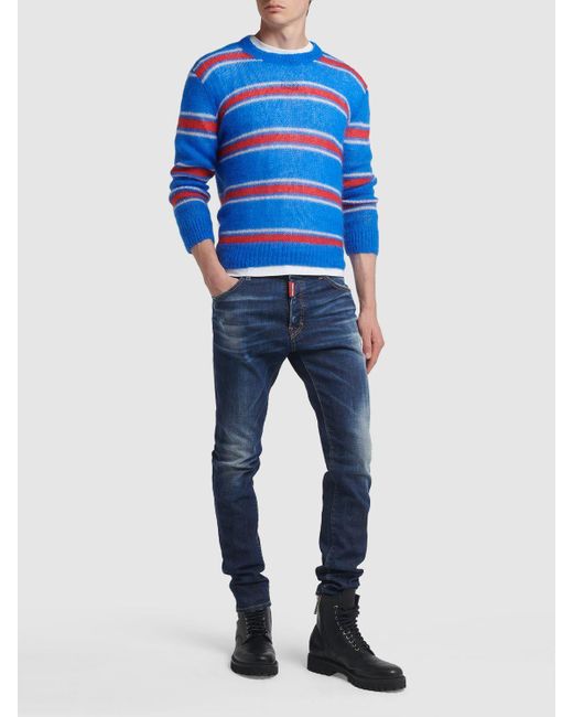 DSquared² Blue Striped Mohair Blend Crewneck Sweater for men