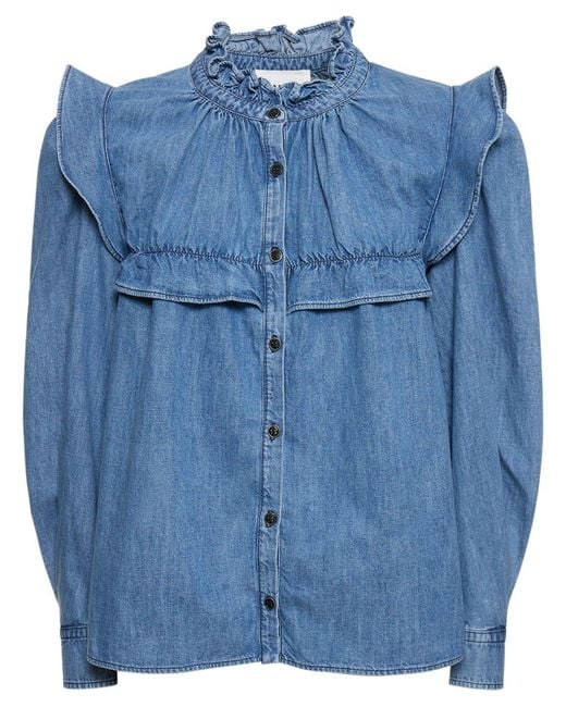 Isabel Marant Blue Idety Cotton Shirt W/ Ruffles