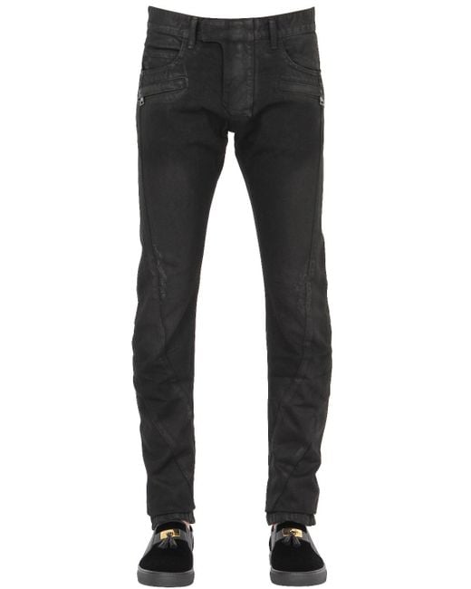 Balmain 17cm Washed & Waxed Cotton Denim Jeans in Black for Men | Lyst