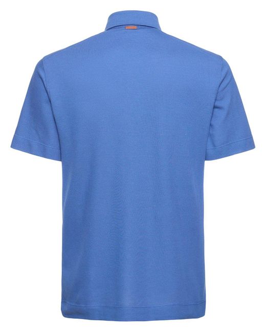 Zegna Blue Cotton Piquet Short Sleeve Polo for men