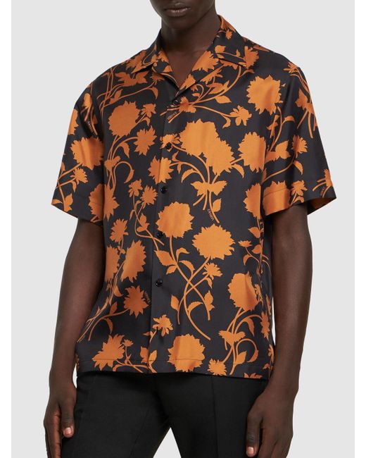 Versace Orange Flower Print Silk Short Sleeve Shirt for men