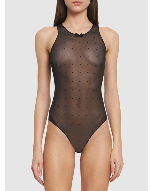 DSquared² Gray Crystal Dots Mesh Crewneck Bodysuit