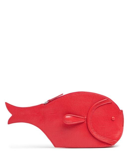 Staud Red Pesce Embossed Leather Clutch