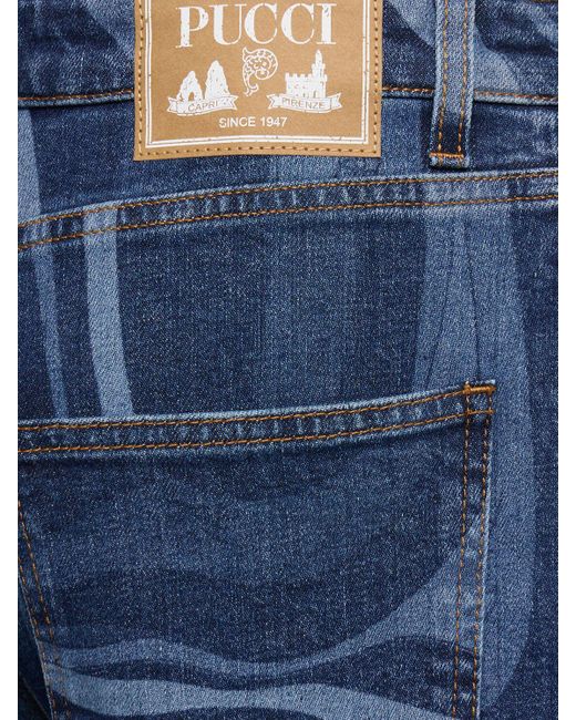 Emilio Pucci Blue Printed Denim Mid Rise Wide Jeans