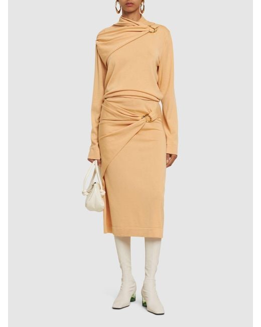 Jil Sander Natural Wool Knit Draped Midi Skirt W/ Ring