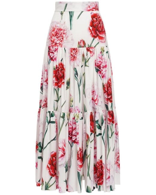 Mujer Falda Midi De Algodón Popelina Estampado Dolce & Gabbana de color Red