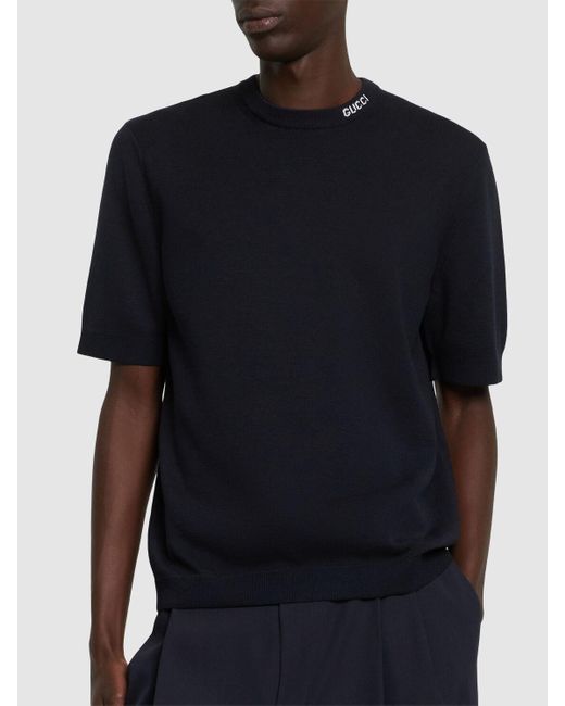 T-shirt in seta e cotone con logo a intarsio di Gucci in Blue da Uomo
