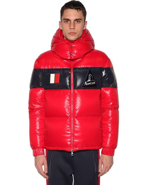 Moncler Red Slim-fit Striped Quilted Glossed-nylon Hooded Down Jacket for men