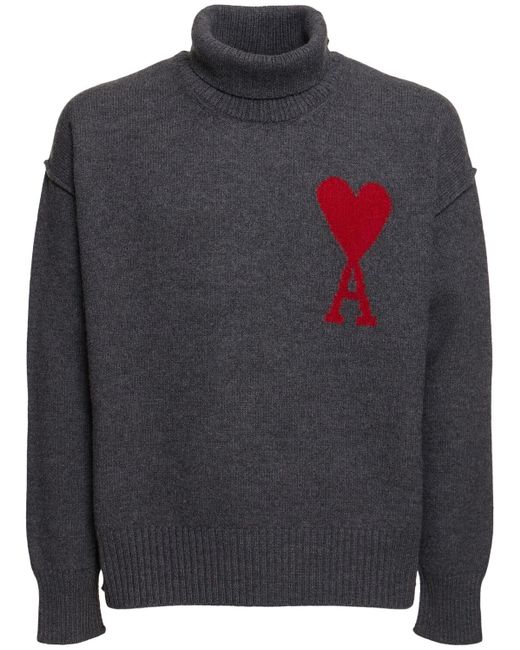AMI Black Logo Wool Turtleneck Sweater for men