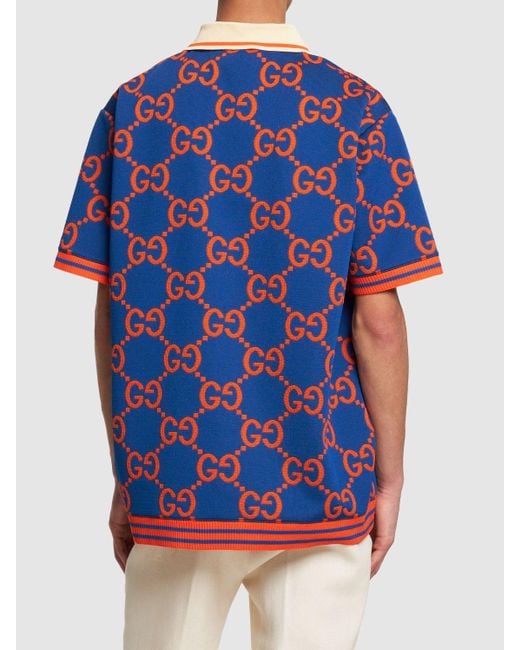 Gucci Blue Monogram-print Stretch-woven Blend Polo Shirt for men