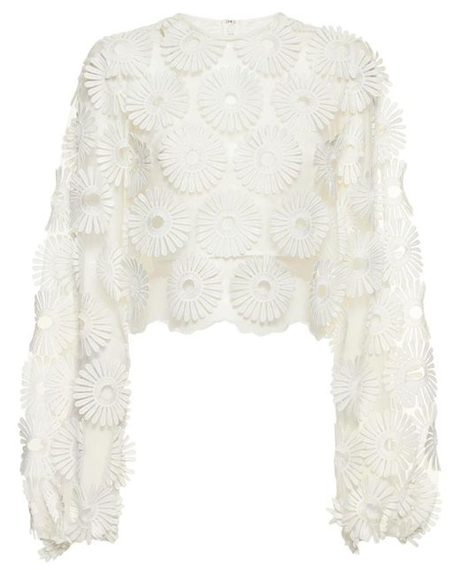 Elie Saab White Embroidered Flowers Tulle Crop Top