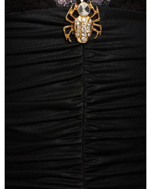 Alessandra Rich Black Laminated Jersey Slip Mini Dress W/Lace