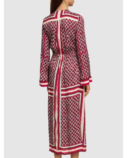Johanna Ortiz Red Jacquard Long Sleeve Midi Wrap Dress