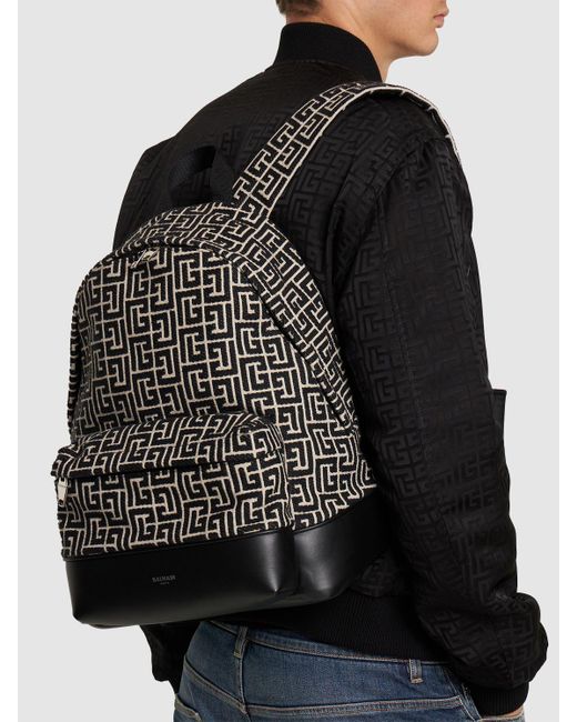 Balmain Black Monogram Jacquard Backpack for men
