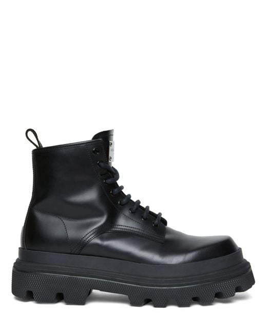 Dolce & Gabbana Black Leather Combat Boots W/Logo Plaque for men