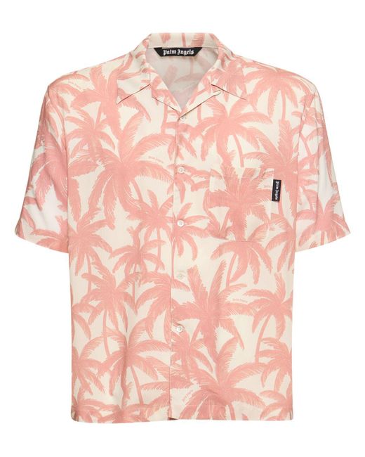 Palm Angels Pink Palm Print Viscose Shirt for men