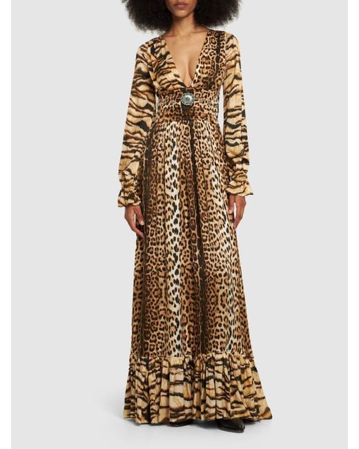 Roberto Cavalli Natural Jaguar Print Satin Long Dress