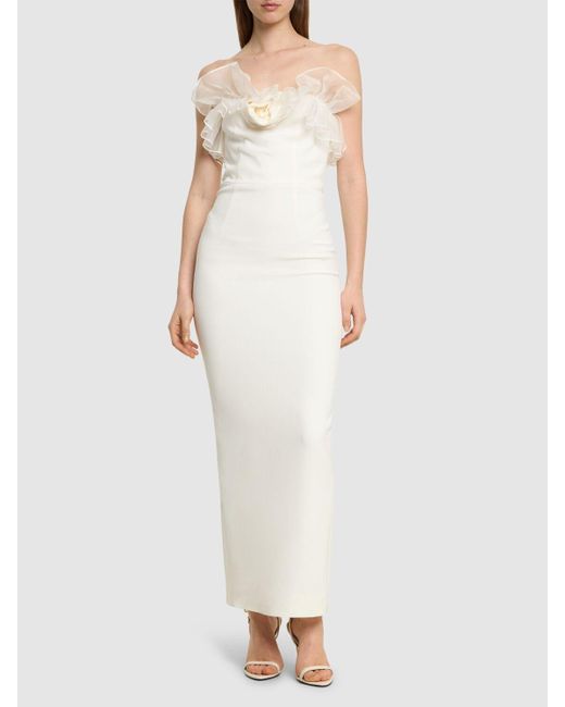 Alessandra Rich White Cady Bustier Dress W/ Organza Ruffles