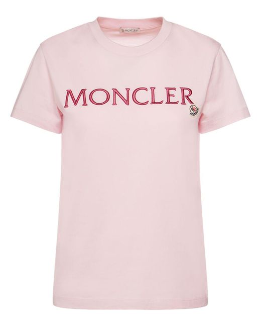 T-shirt in cotone organico con ricamo di Moncler in Pink