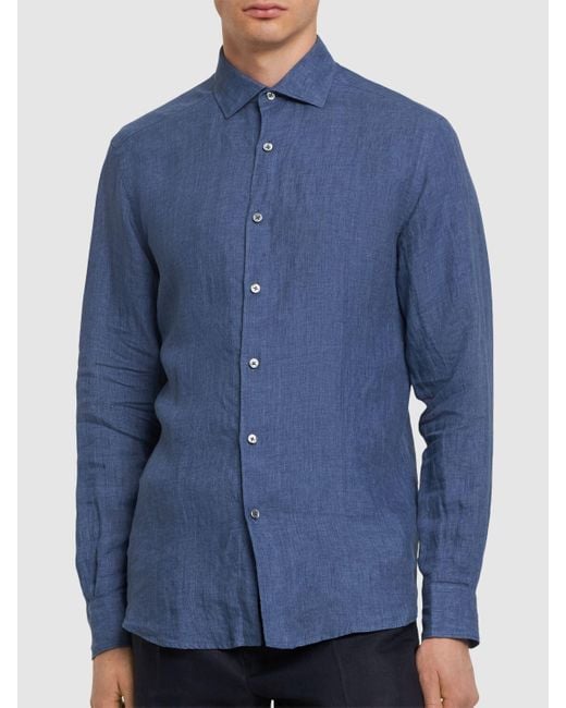 Zegna Blue Solid Pure Linen Long Sleeve Shirt for men