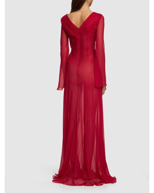 Alberta Ferretti Red Draped Silk Chiffon Cutout Long Dress