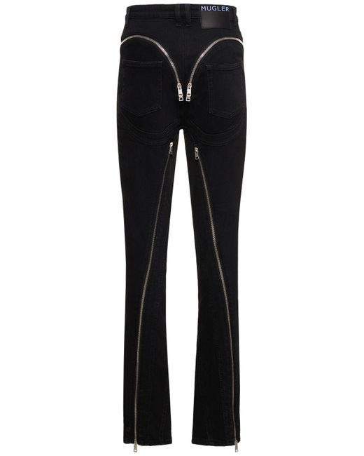 Jeans skinny vita alta in denim stretch / zip di Mugler in Black